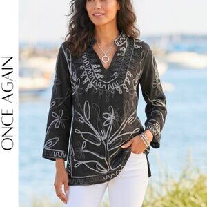 Once Again S Black Metallic Tunic – Embroidered Statement Top